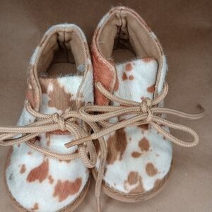 Cowhide Print Baby Booties with Tan Laces